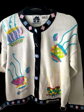Storybook Knits Vintage colorful teacup spoon multicolor cardigan sweater HSN